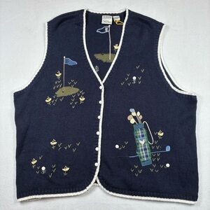 Vintage CJ Banks Blue Embroidery Golf Button Sweater Vest 3X NWT Preppy